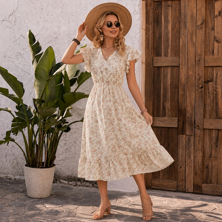 Pia - Floral V-Neck Smocked-Waist Ruffle Maxi Dress