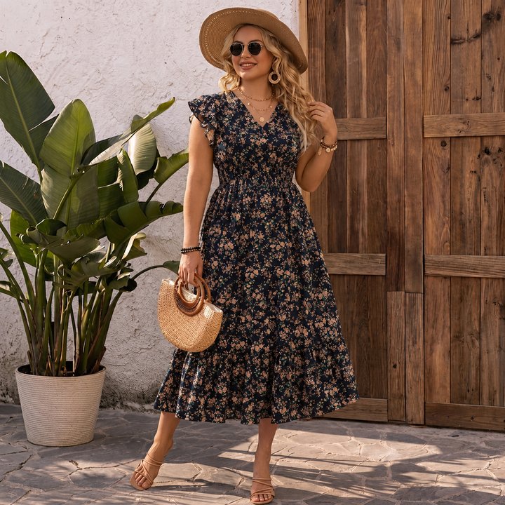 Pia - Floral V-Neck Smocked-Waist Ruffle Maxi Dress