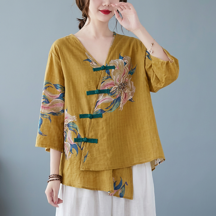 Pia - Yellow Button Shirt Tops Asymmetrical Half Sleeve