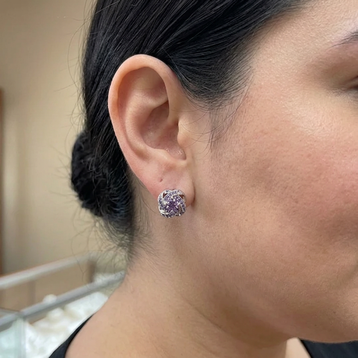 Purple Crystal Knot Earrings | White Gold