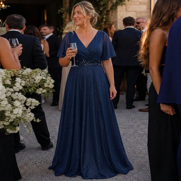 Rhea | Glitter V-Neck Flutter Sleeve Embellished Waist Maxi Dress