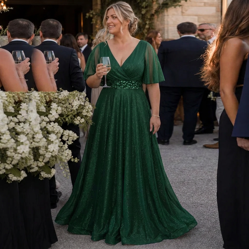 Rhea | Glitter V-Neck Flutter Sleeve Embellished Waist Maxi Dress