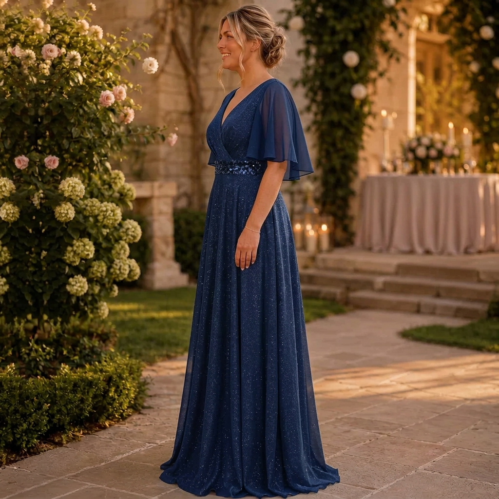 Rhea | Glitter V-Neck Flutter Sleeve Embellished Waist Maxi Dress