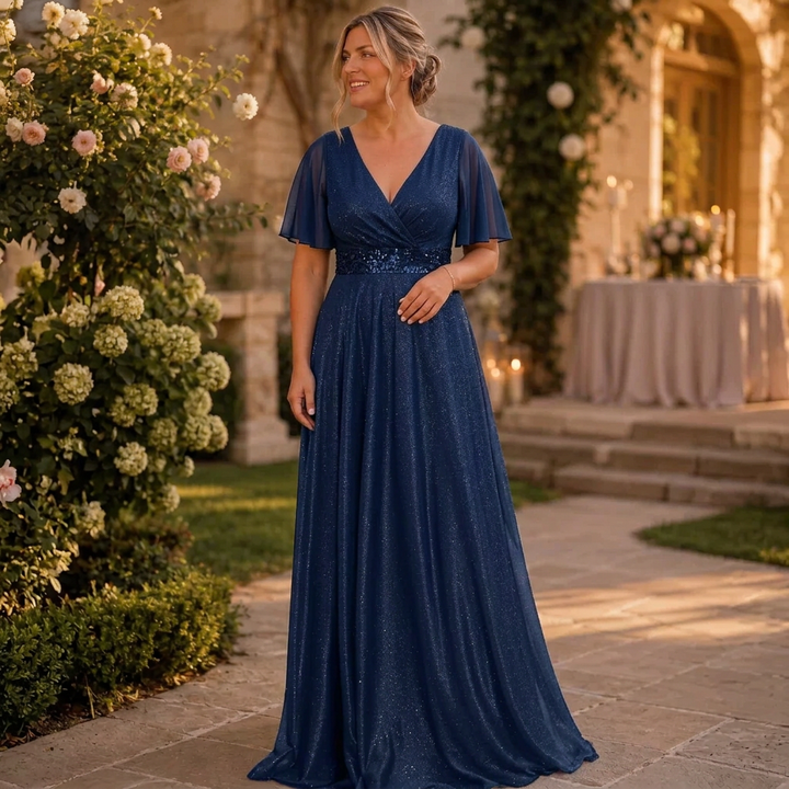 Rhea | Glitter V-Neck Flutter Sleeve Embellished Waist Maxi Dress