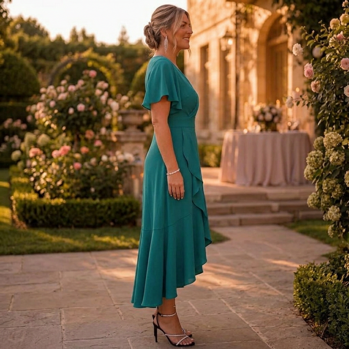 Rhea | V-Neck Flutter Sleeve Embellished Waist Maxi Dress
