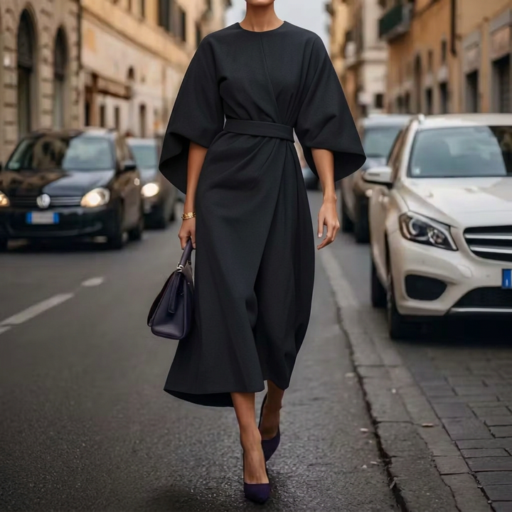 Romaine | Women’s Belted Cape-Sleeve Midi Dress