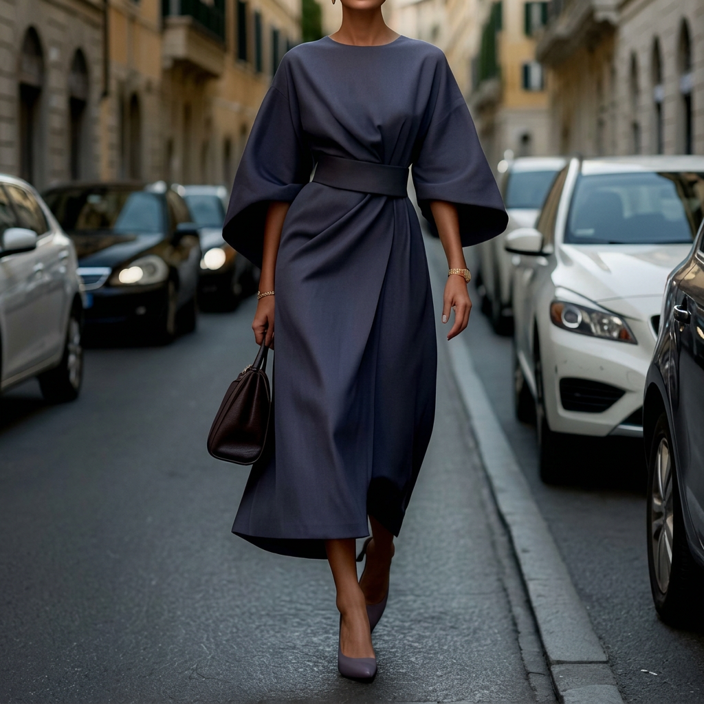 Romaine | Women’s Belted Cape-Sleeve Midi Dress