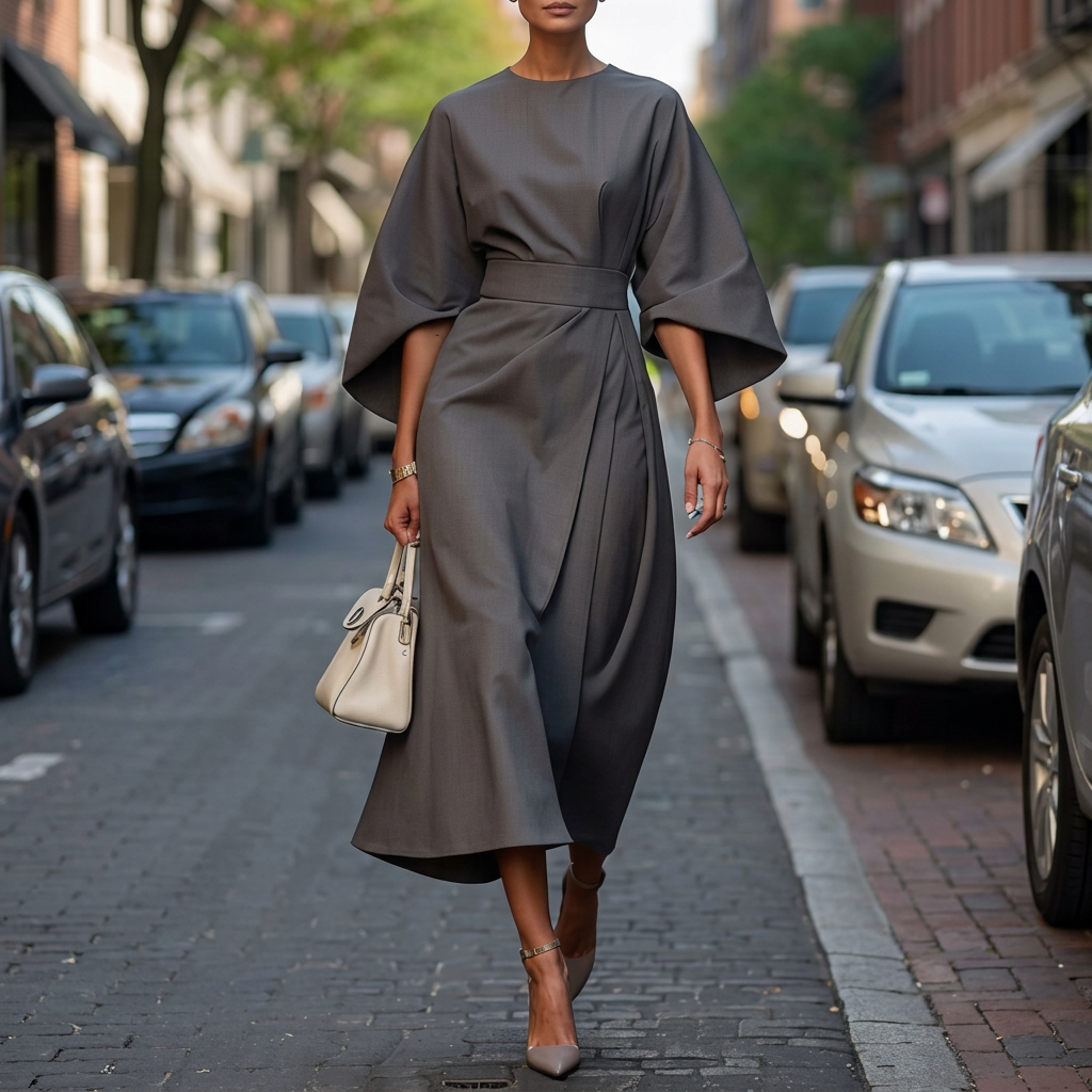 Romaine | Women’s Belted Cape-Sleeve Midi Dress