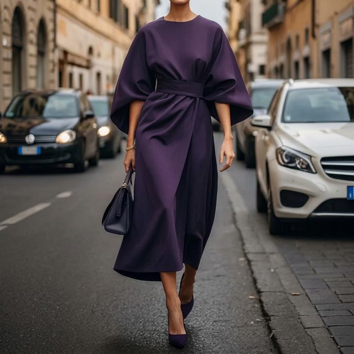 Romaine | Women’s Belted Cape-Sleeve Midi Dress