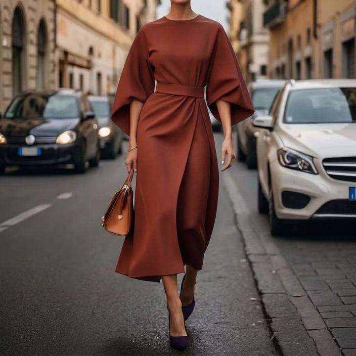 Romaine | Women’s Belted Cape-Sleeve Midi Dress