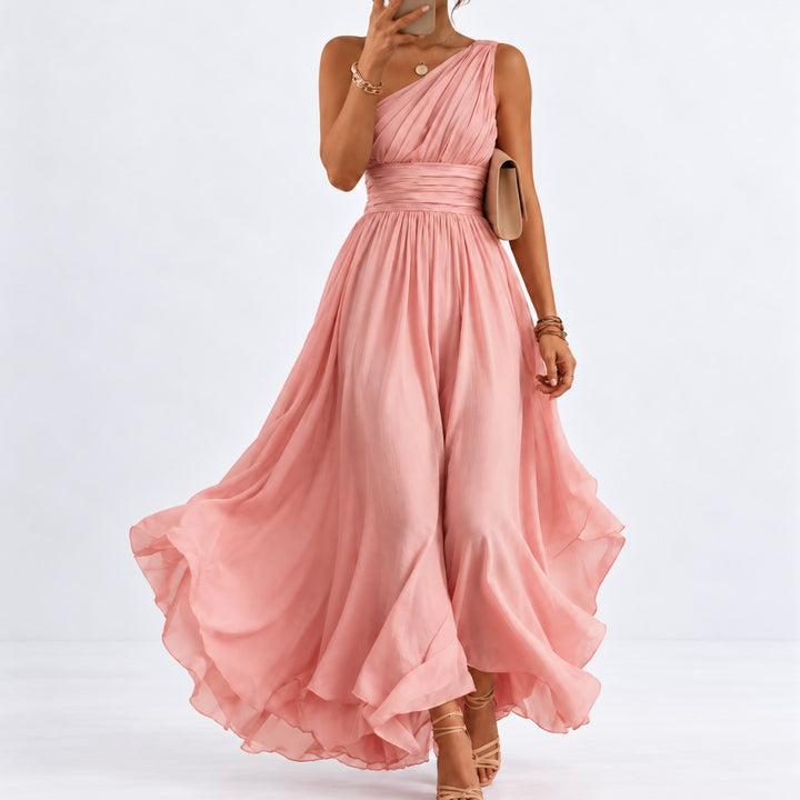 Rosa Asymmetric One-Shoulder Ruched Maxi Dress with Side Slit
