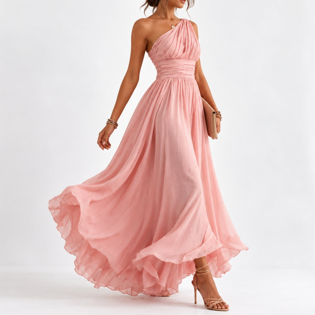 Rosa Asymmetric One-Shoulder Ruched Maxi Dress with Side Slit