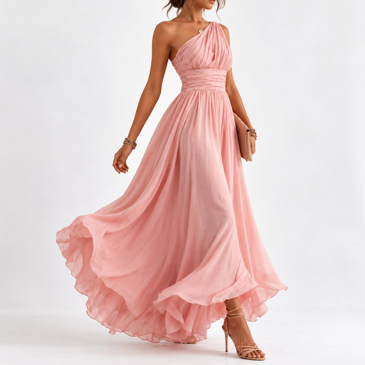 Rosa Asymmetric One-Shoulder Ruched Maxi Dress with Side Slit