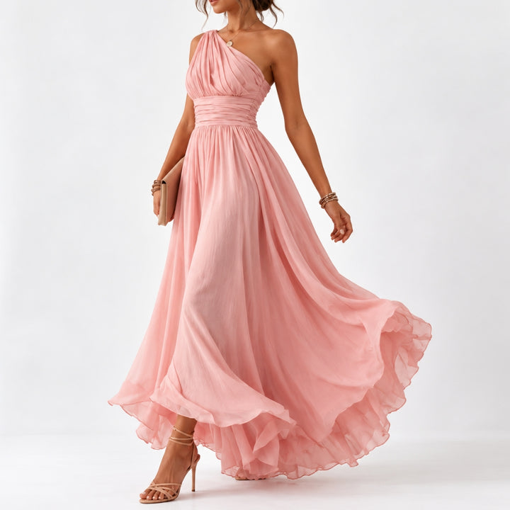 Rosa Asymmetric One-Shoulder Ruched Maxi Dress with Side Slit