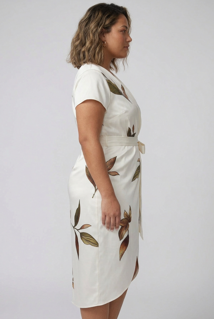 Rosa | White Leaf Short Sleeve Satin Midi Dress