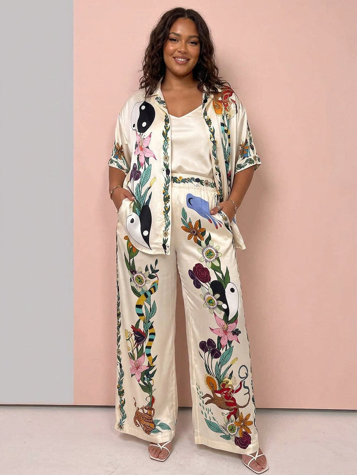 Ffion | Resort Vibes Satin unique print shirt &amp; Pants set Fit