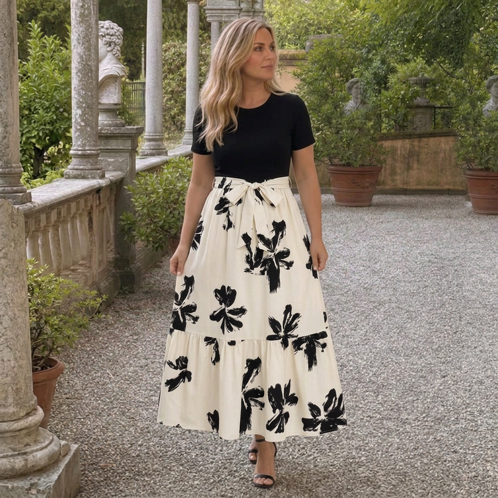Shiloh | Women’s Short-Sleeve Floral Print Belted Tiered Maxi Dress