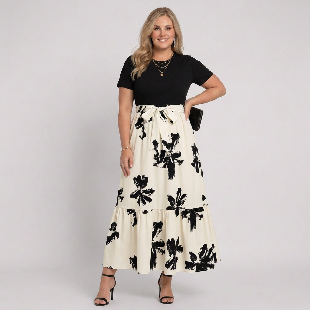 Shiloh | Women’s Short-Sleeve Floral Print Belted Tiered Maxi Dress
