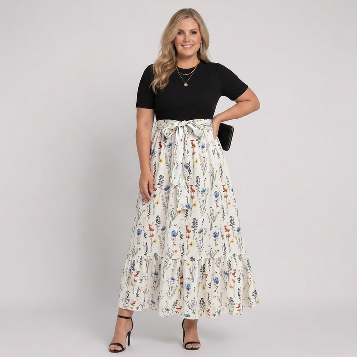 Shiloh | Women’s Short-Sleeve Floral Print Belted Tiered Maxi Dress