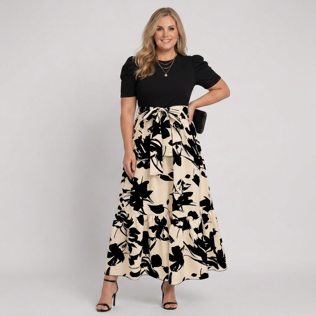 Shiloh | Women’s Short-Sleeve Floral Print Belted Tiered Maxi Dress