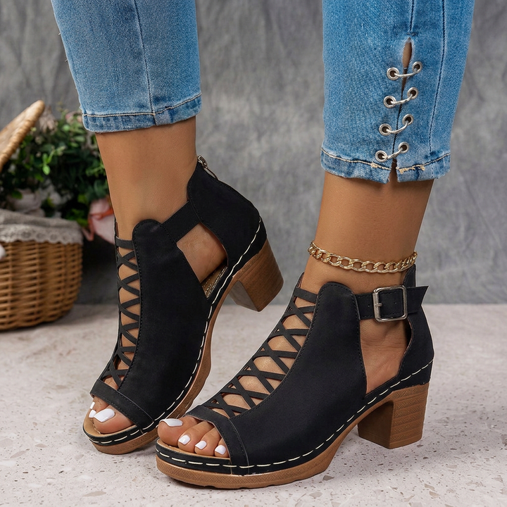 Sienna | Lattice Cut-Out Block-Heel Sandals