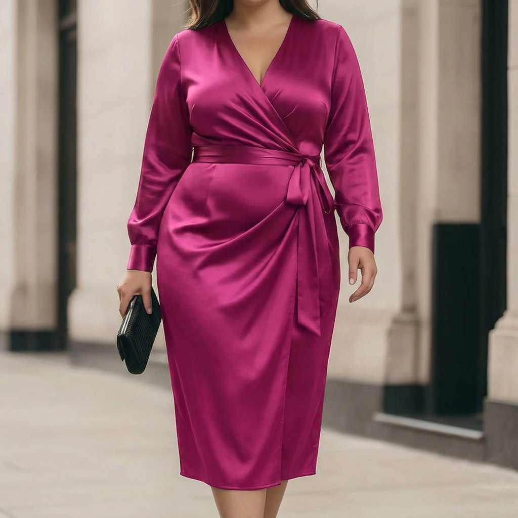 Soleil | Deep Plum Satin Wrap Midi Dress
