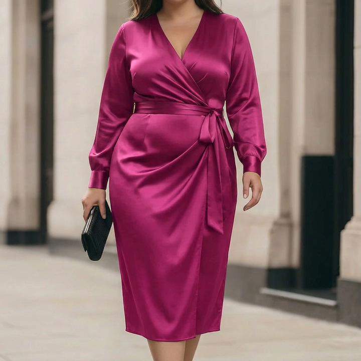 Soleil | Deep Plum Satin Wrap Midi Dress