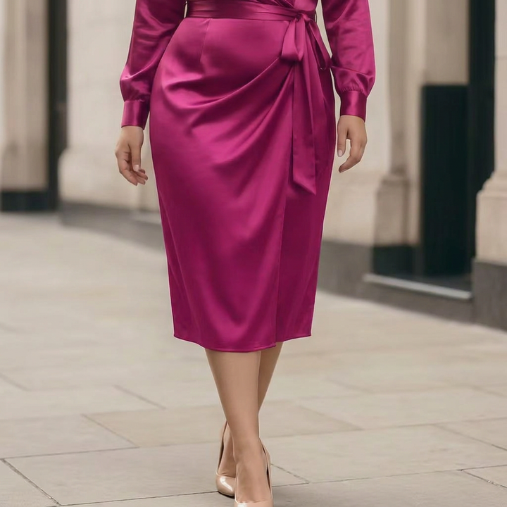 Soleil | Deep Plum Satin Wrap Midi Dress