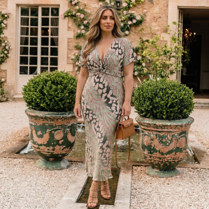 Stella &amp; Grace™ | Abstract Print V Neck Twist Waist Midi Dress