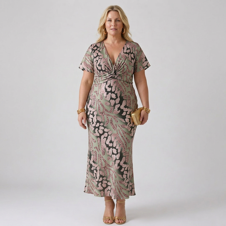 Stella &amp; Grace™ | Abstract Print V Neck Twist Waist Midi Dress