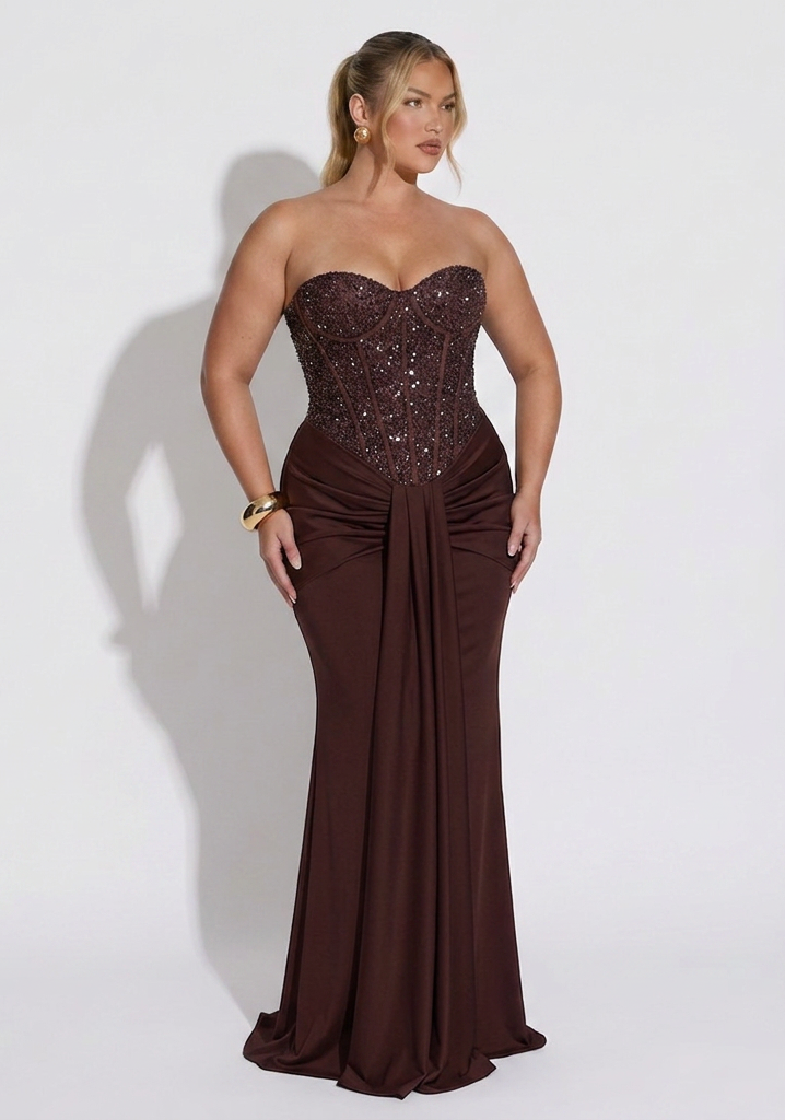 Strapless Embellished Corset Draped Floor-Length Gown