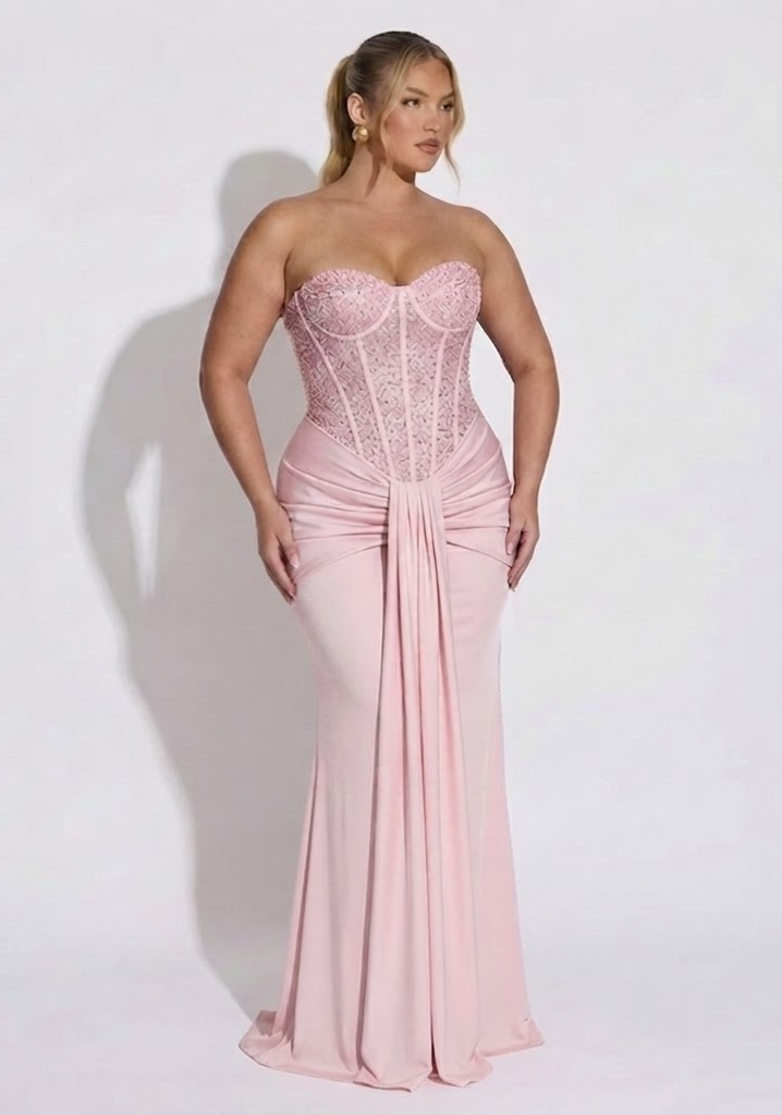 Strapless Embellished Corset Draped Floor-Length Gown