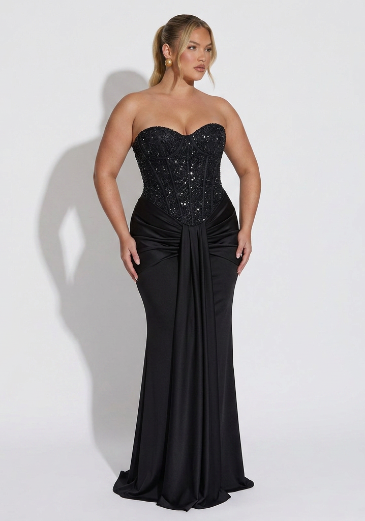 Strapless Embellished Corset Draped Floor-Length Gown
