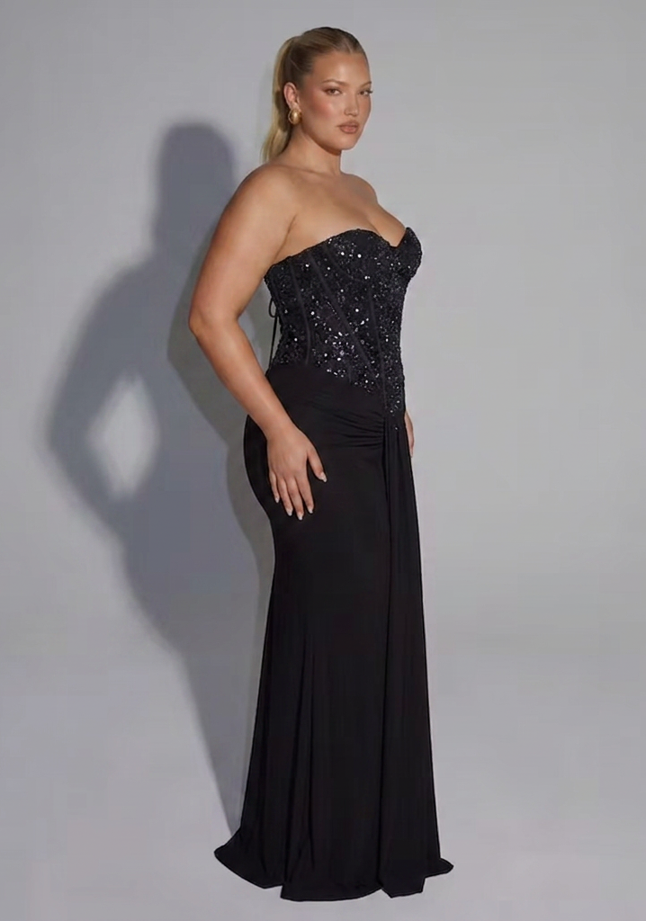 Strapless Embellished Corset Draped Floor-Length Gown