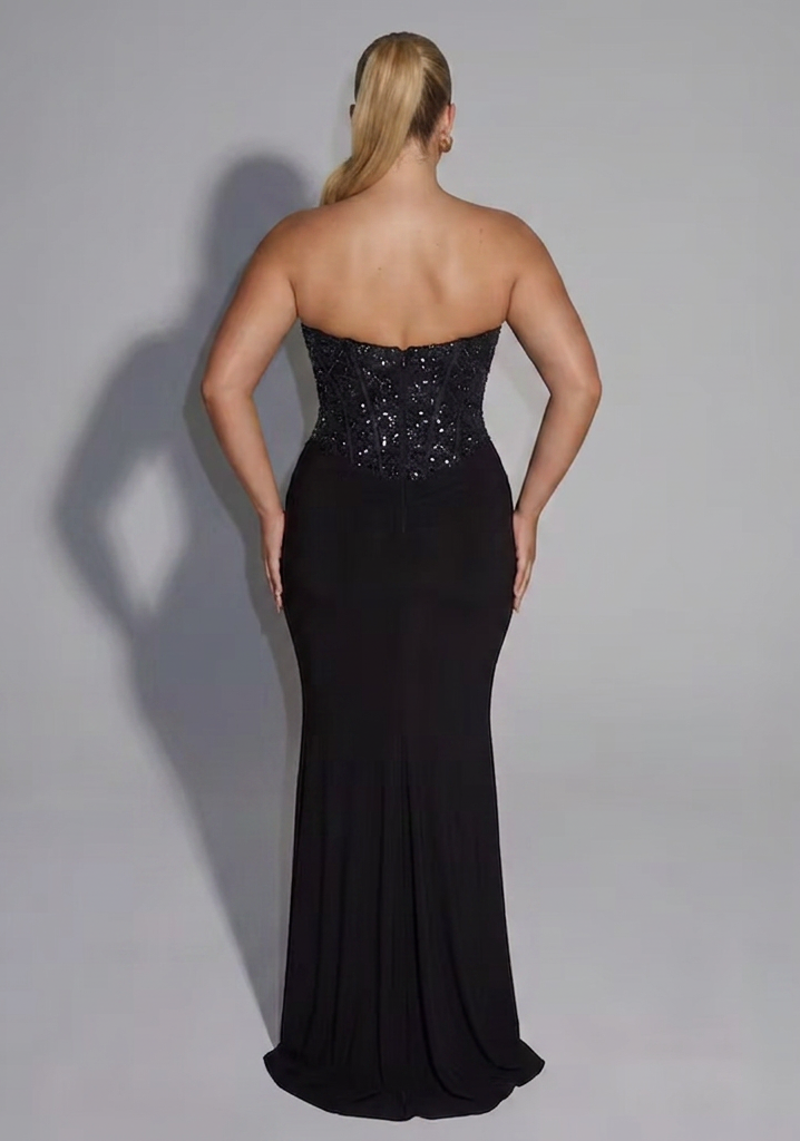 Strapless Embellished Corset Draped Floor-Length Gown