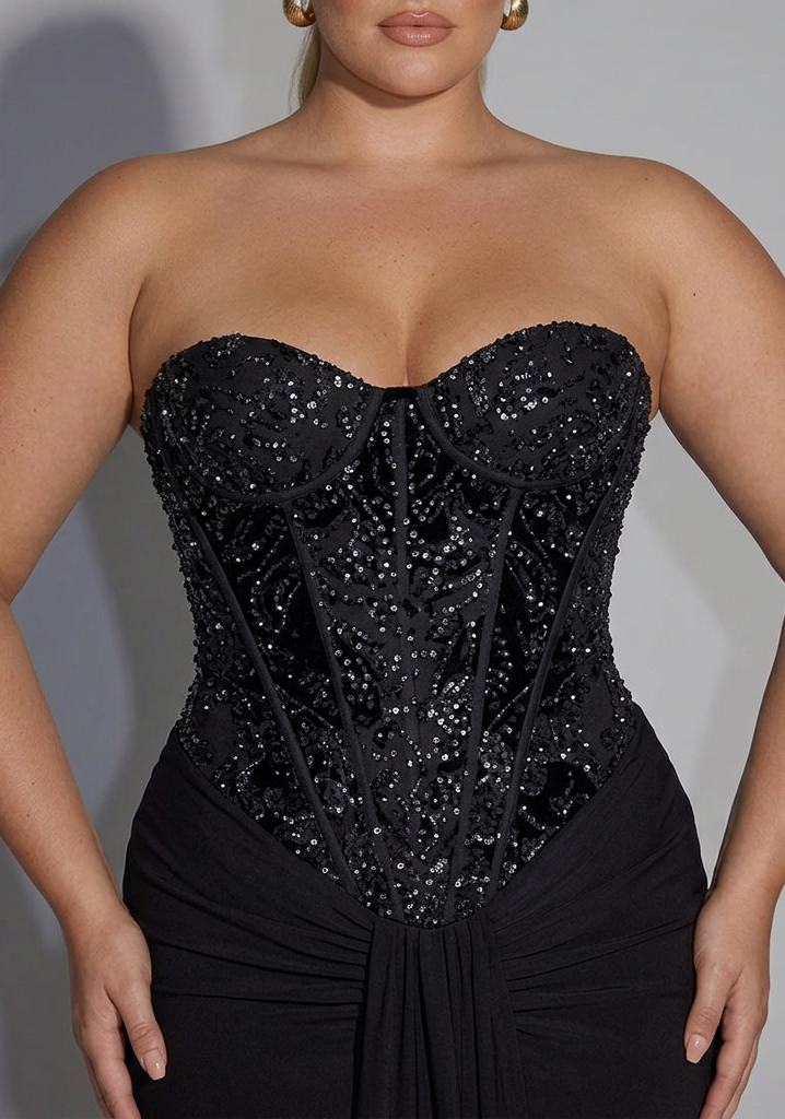 Strapless Embellished Corset Draped Floor-Length Gown