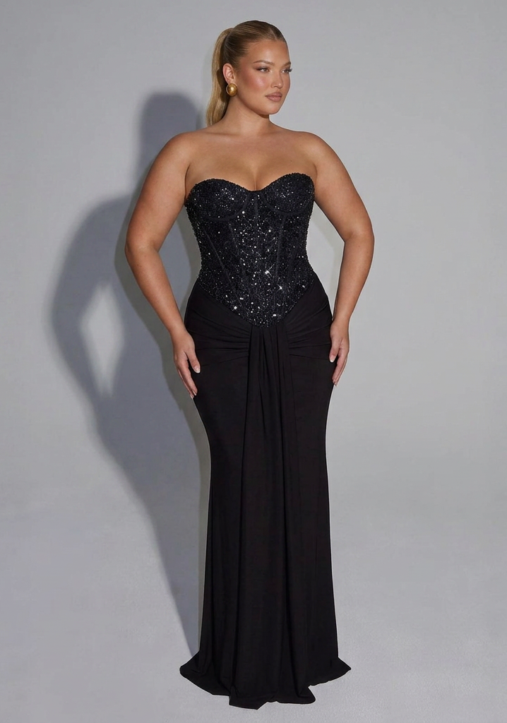 Strapless Embellished Corset Draped Floor-Length Gown