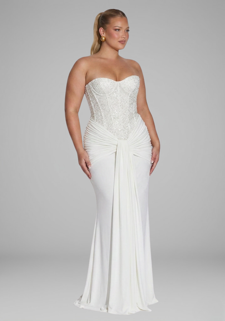 Strapless Embellished Corset Draped Floor-Length Gown