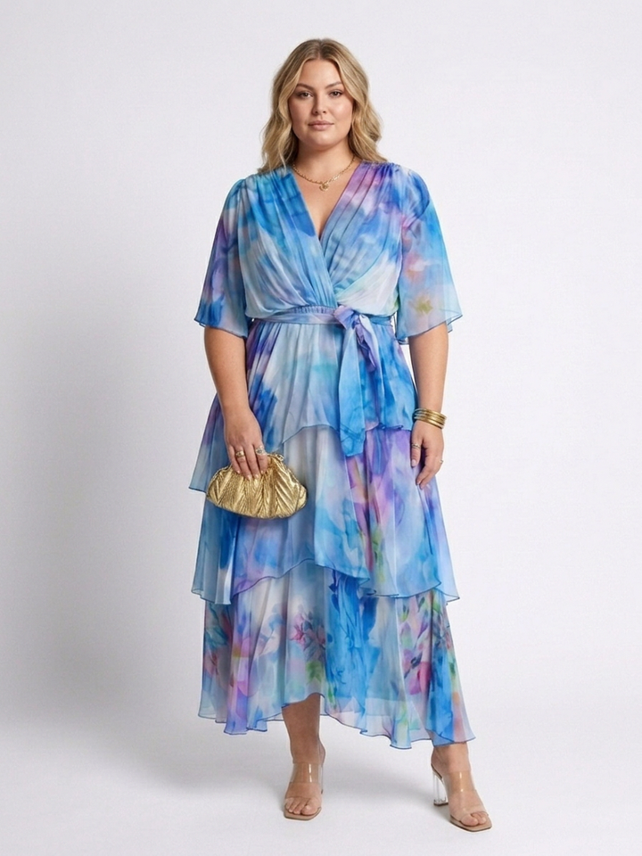 Maybelle | Sheer Layered V Neck Tie Waist Maxi Dress