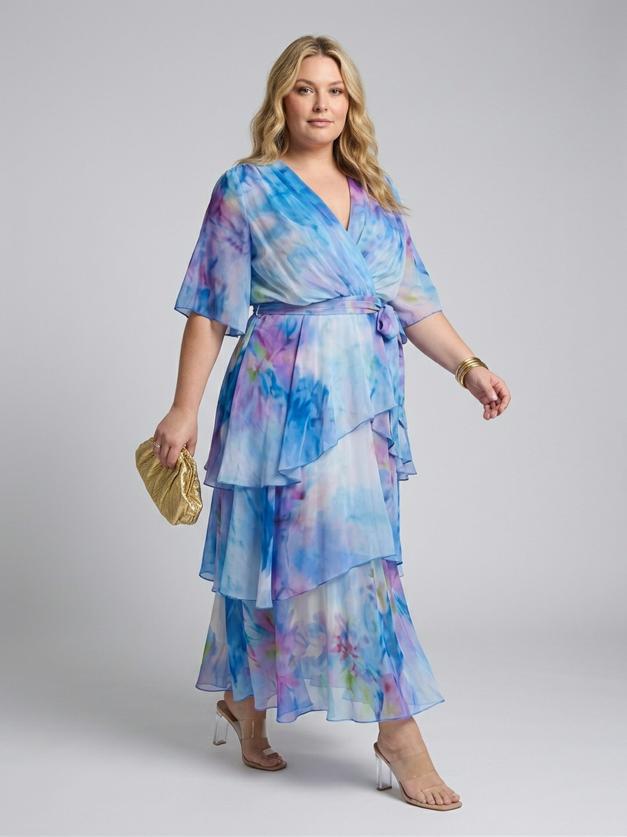 Maybelle | Sheer Layered V Neck Tie Waist Maxi Dress