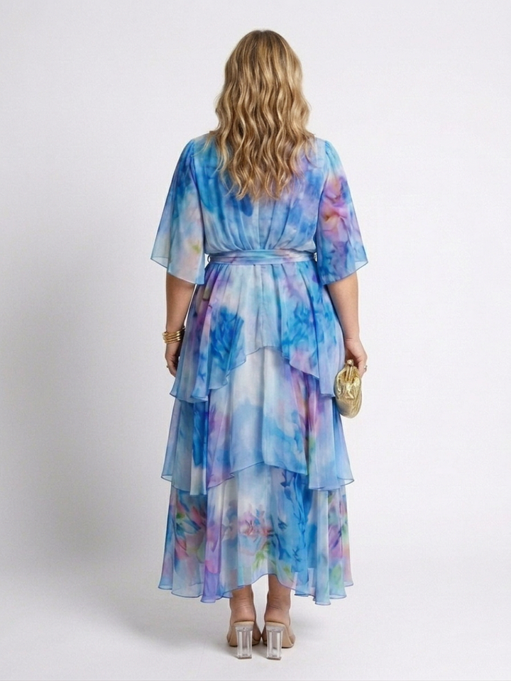Maybelle | Sheer Layered V Neck Tie Waist Maxi Dress