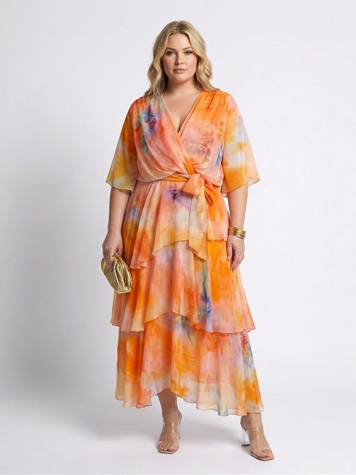 Maybelle | Sheer Layered V Neck Tie Waist Maxi Dress