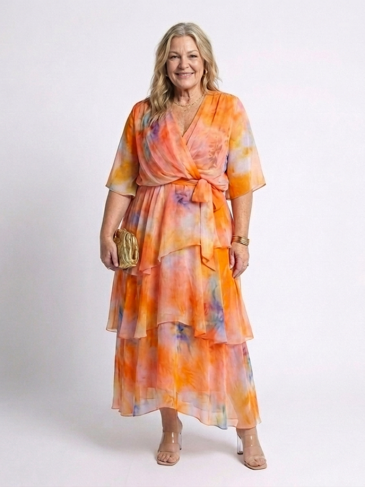 Maybelle | Sheer Layered V Neck Tie Waist Maxi Dress