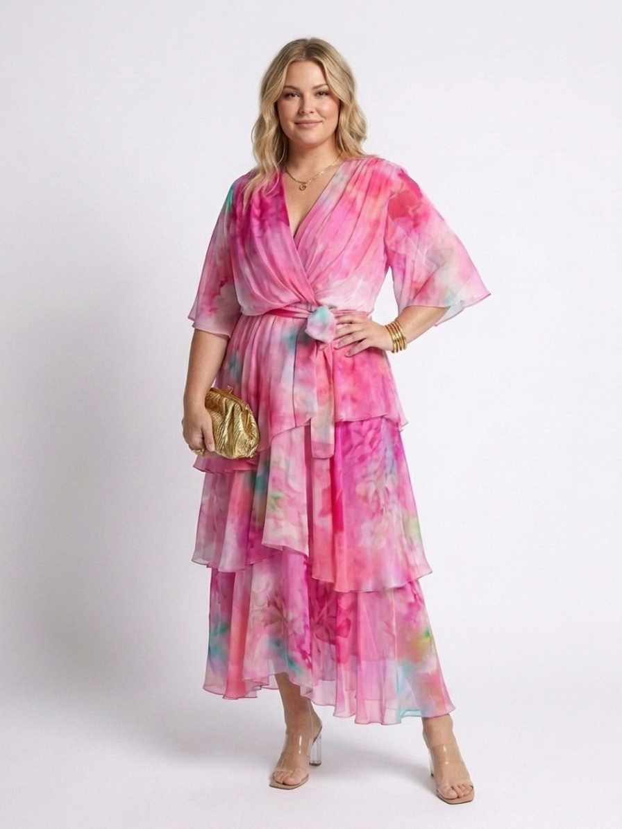 Maybelle | Sheer Layered V Neck Tie Waist Maxi Dress