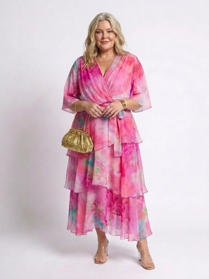 Maybelle | Sheer Layered V Neck Tie Waist Maxi Dress