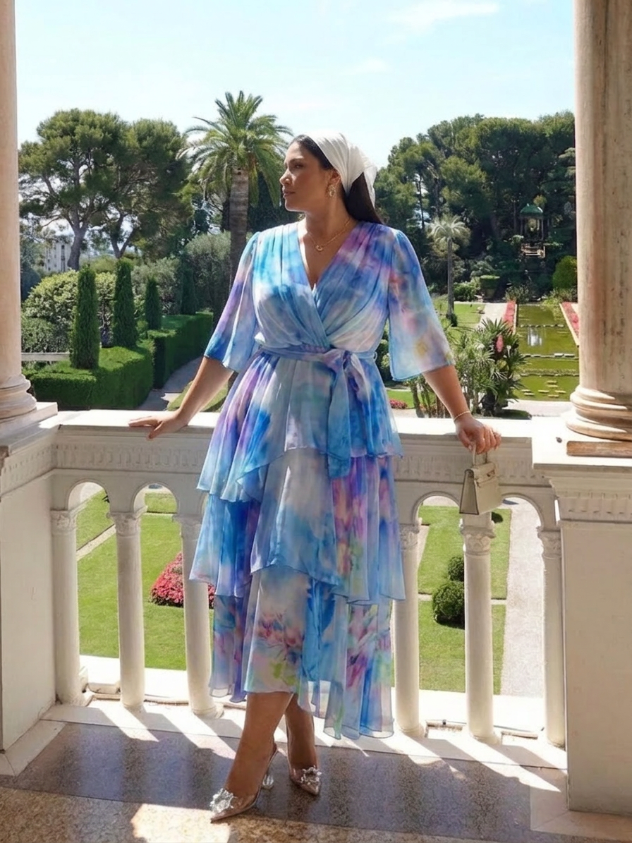 Maybelle | Sheer Layered V Neck Tie Waist Maxi Dress