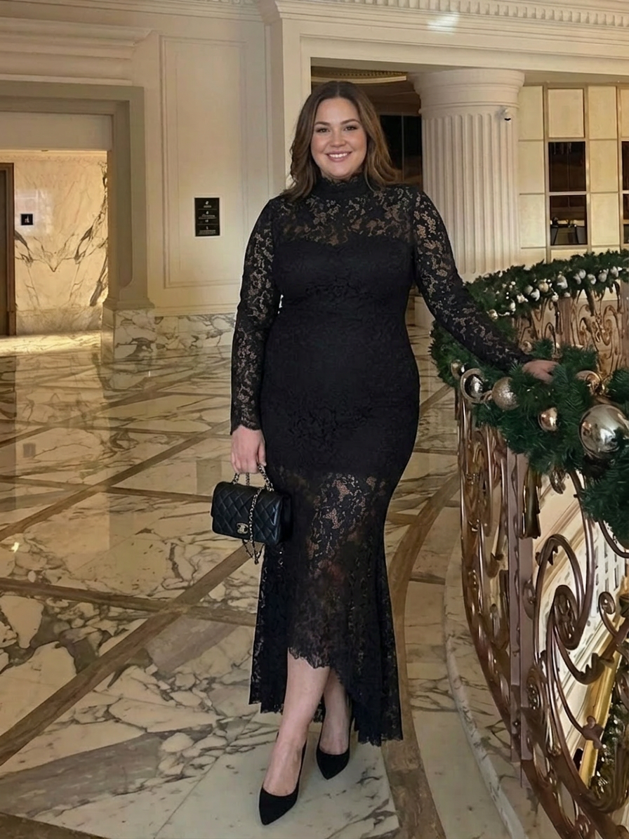 Nia | Midi lace dress with high collar and long sleeves