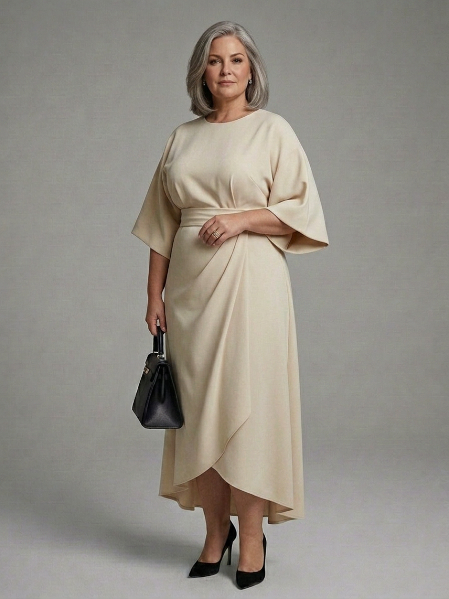 Amina | Asymmetrical Midi Dress with Coat Sleeve and Defined Waist