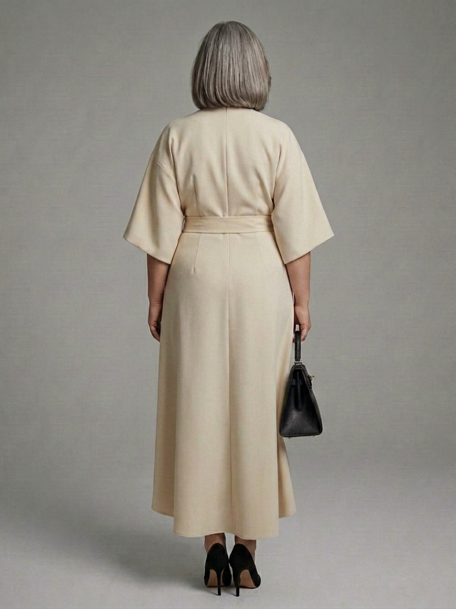 Amina | Asymmetrical Midi Dress with Coat Sleeve and Defined Waist