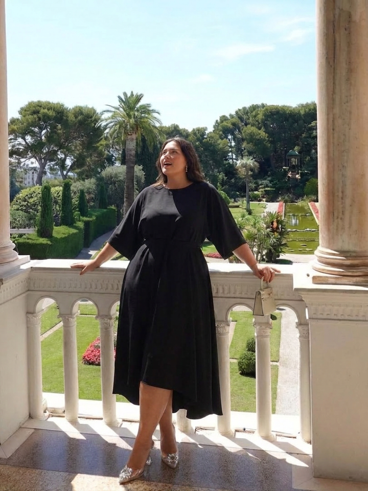 Amina | Asymmetrical Midi Dress with Coat Sleeve and Defined Waist
